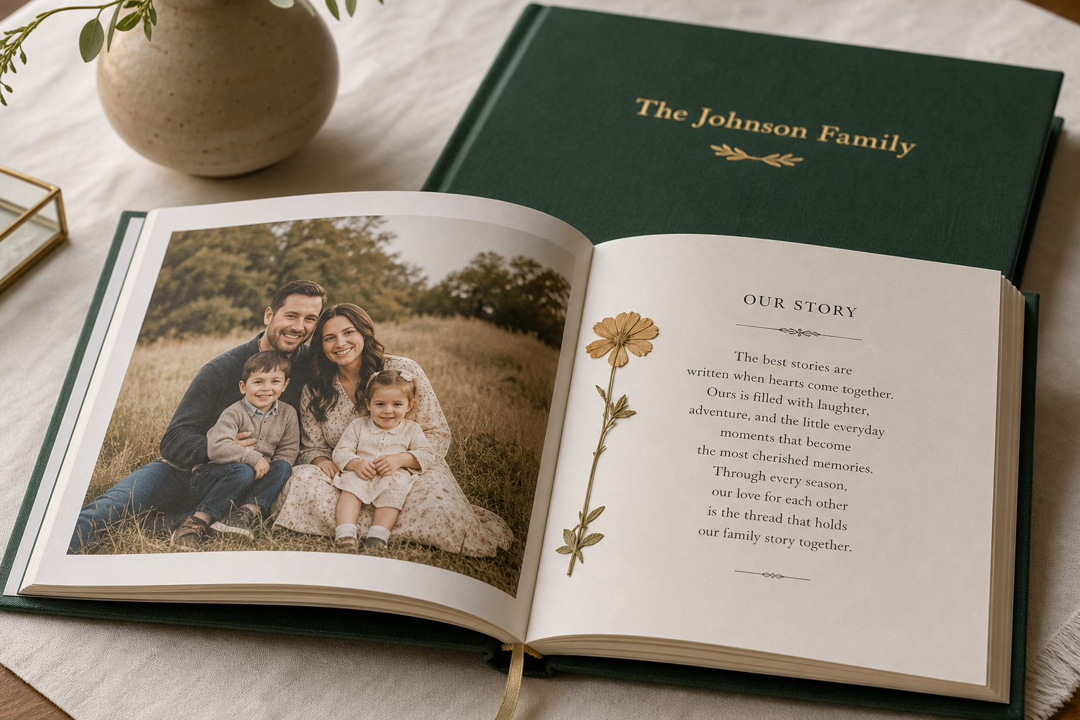 Open hardcover family memory book showing color photo and story text
