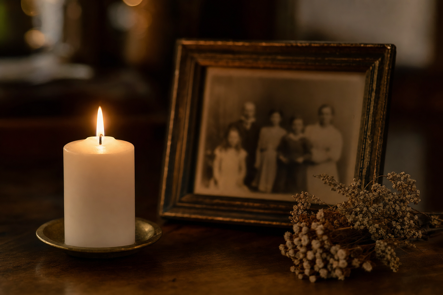 Candle burning next to an old framed family photograph